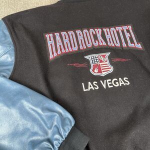 Vintage Hard Rock Hotel Las Vegas Wool Leather Black Blue Jacket Bomber Coat XL